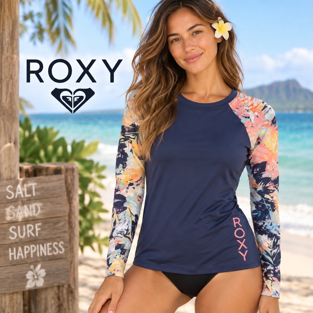 Roxy Womens Navy Blue Tropical Floral Long Sleeve Rash Guard Swim Top Size M